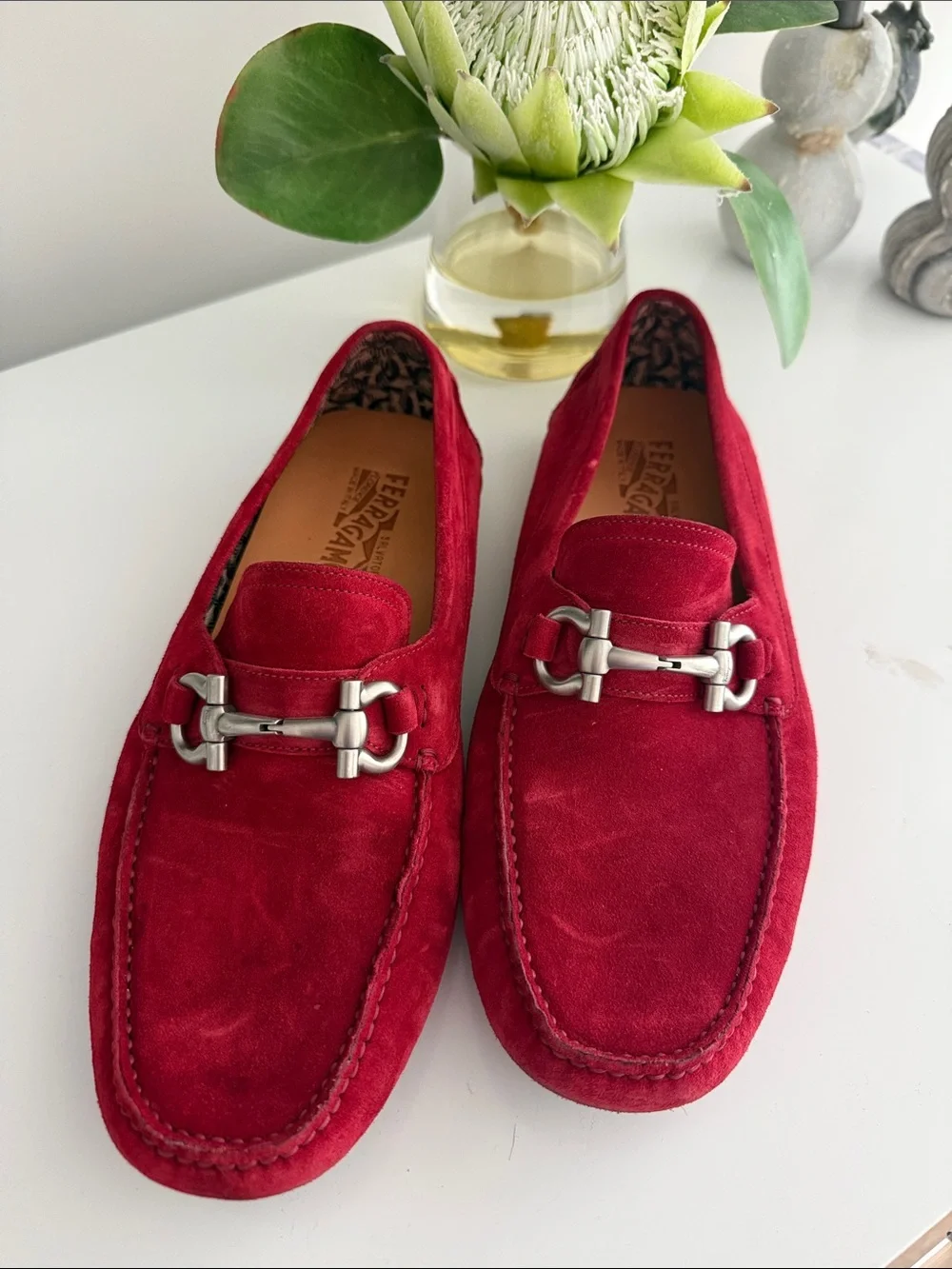 Salvatore Ferragamo Red Suede Bit-Detail Slip-On Loafers